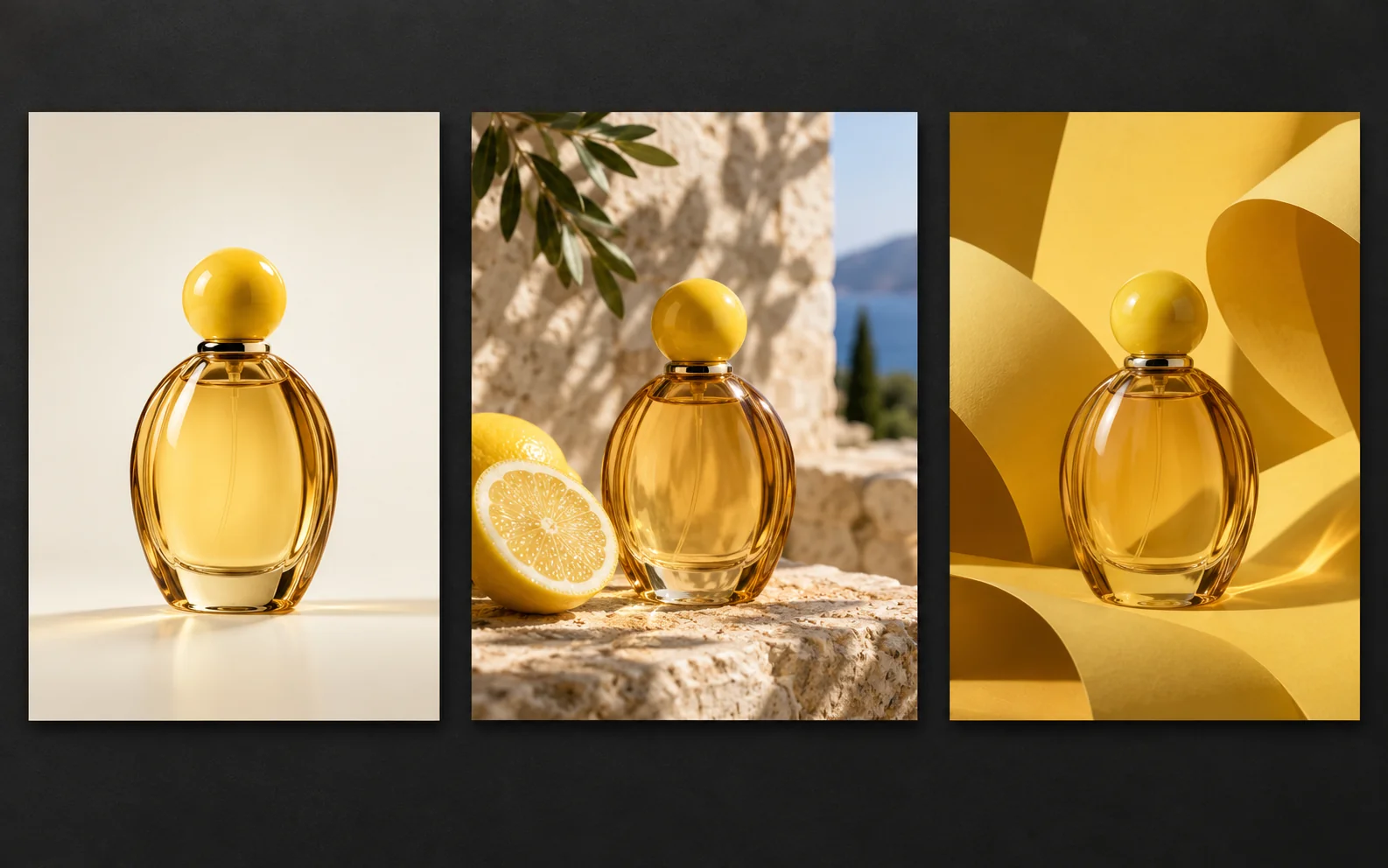 A visual concept showing the same amber citrus perfume bottle in three photographic settings
