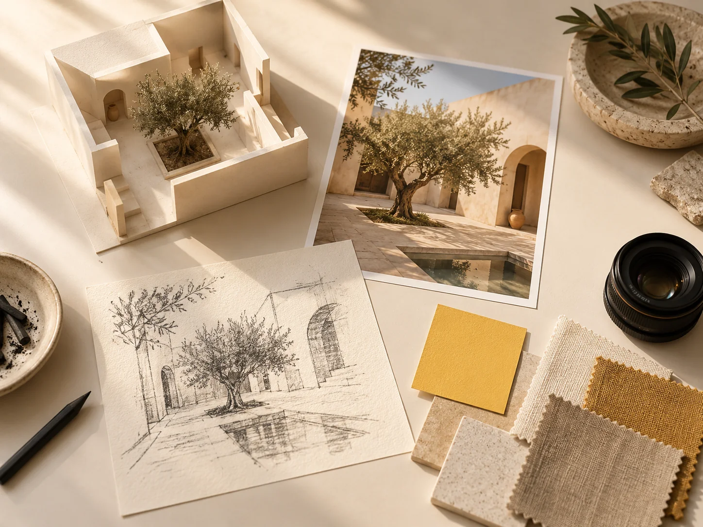 An ivory tabletop with a courtyard model, a location photograph, sketches, color swatches, and fabric samples