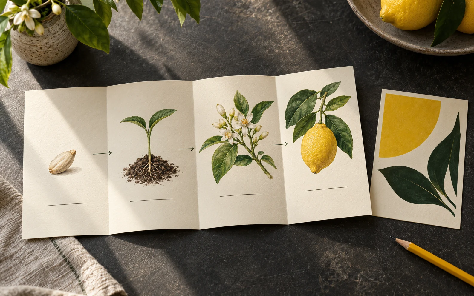 A paper diagram of lemon tree growth stages beside an abstract botanical poster